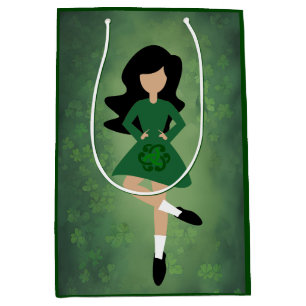 Irish Dancer with Black Hair   Green Clovers Dance Medium Gift Bag