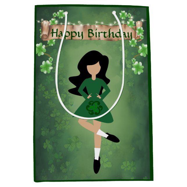 Irish Dancer with Black Hair Happy Birthday Dance Medium Gift Bag (Front)