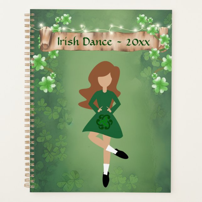 Irish Dancer with Brown Hair and Clovers Dance Planner (Front)