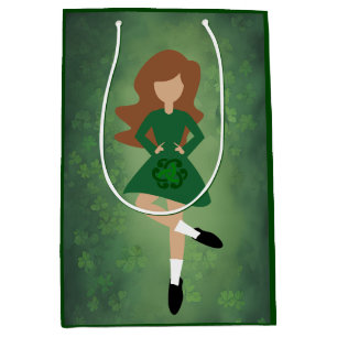 Irish Dancer with Brown Hair   Green Clovers Dance Medium Gift Bag