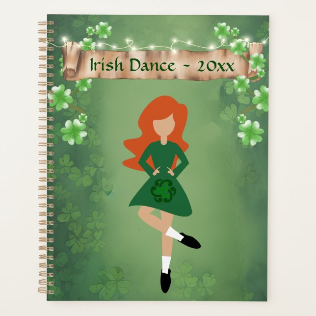 Irish Dancer with Red Hair and Clovers Dance Planner (Front)
