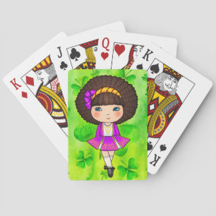 Irish dancing girl in violet dress playing cards