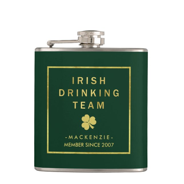 Irish Drinking Team Green and Gold with Shamrock Hip Flask (Front)