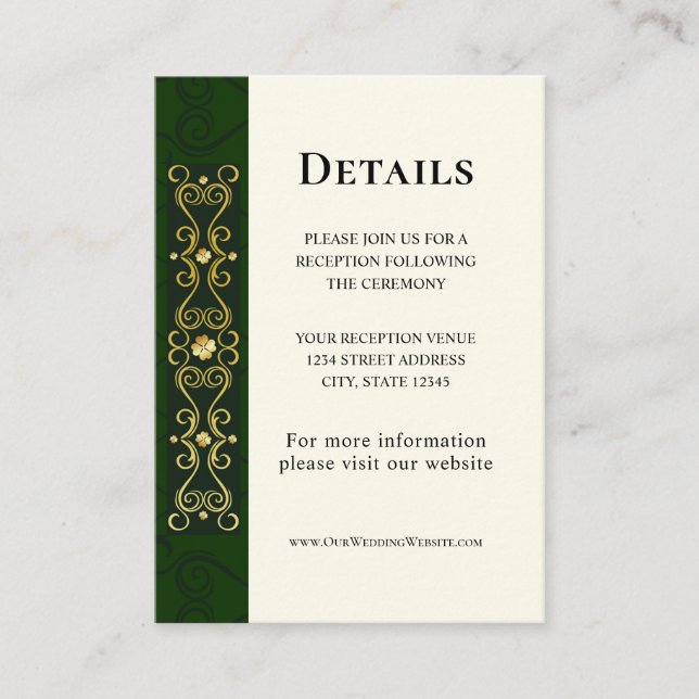 Irish Elegant Gold Artwork Abstract Green Wedding Enclosure Card (Front)
