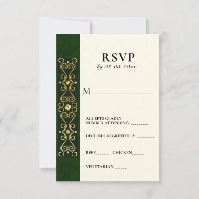 Irish Elegant Gold Artwork Abstract Green Wedding RSVP Card (Front)