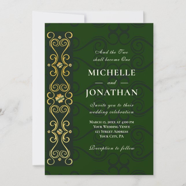 Irish Elegant Gold Artwork on Green Christian Invitation (Front)