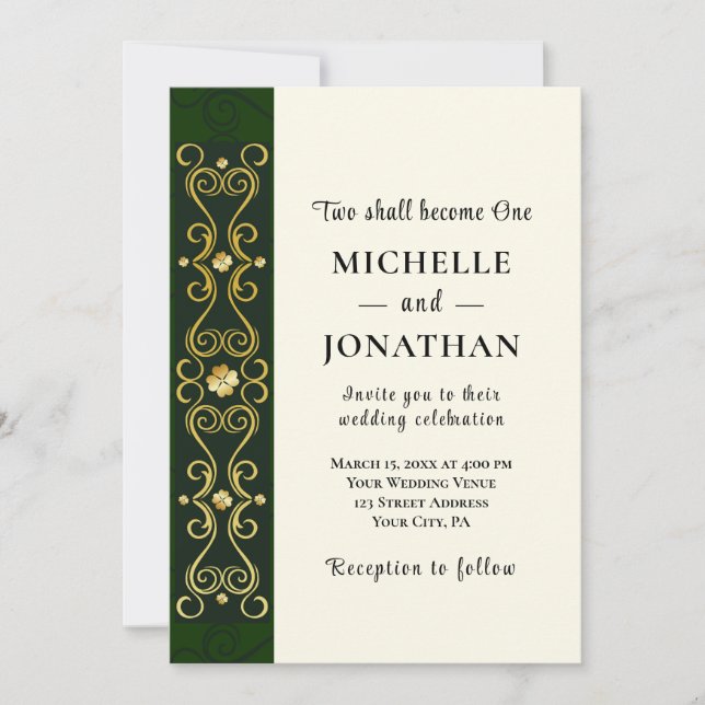 Irish Elegant Gold Dark Green Christian Wedding  Invitation (Front)