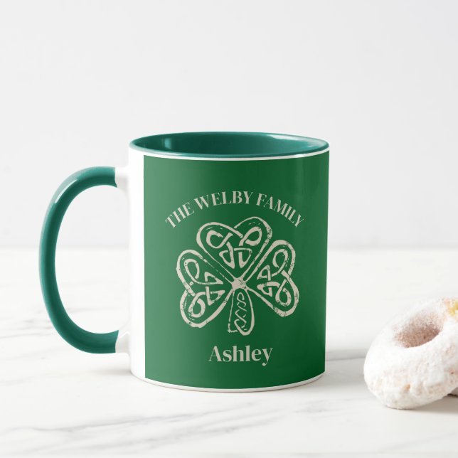 Irish Family Name Vintage Celtic Shamrock Custom Mug (With Donut)