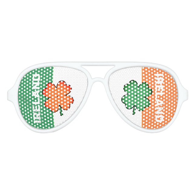 IRISH Flag Colours with Clovers on White Aviator Sunglasses (Front)