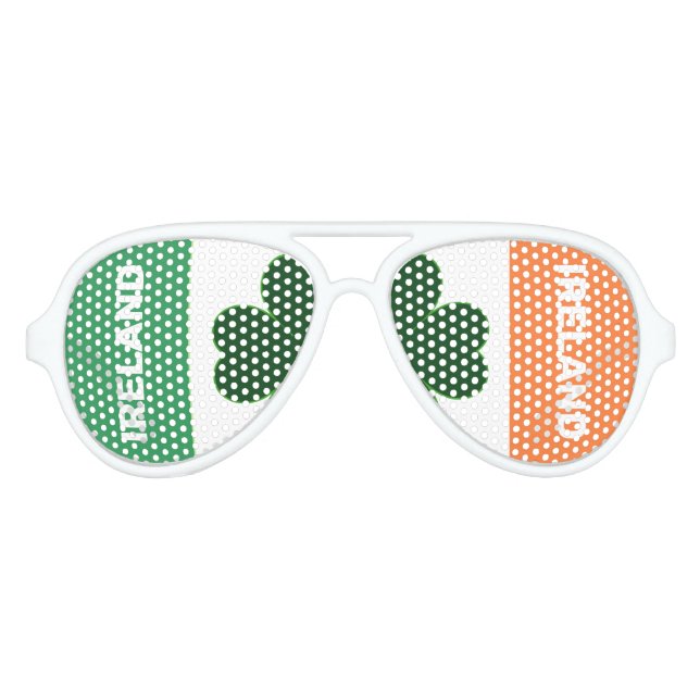 IRISH Flag Colours with Green Clover Leaf on White Aviator Sunglasses (Front)