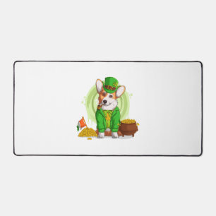 Irish Flag Corgi Dog Smoking a Pipe, Shamrock St P Desk Mat
