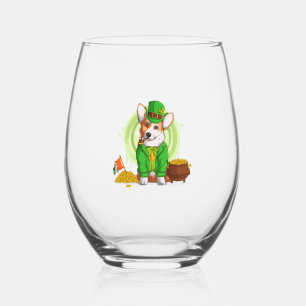 Irish Flag Corgi Dog Smoking a Pipe, Shamrock St P Stemless Wine Glass
