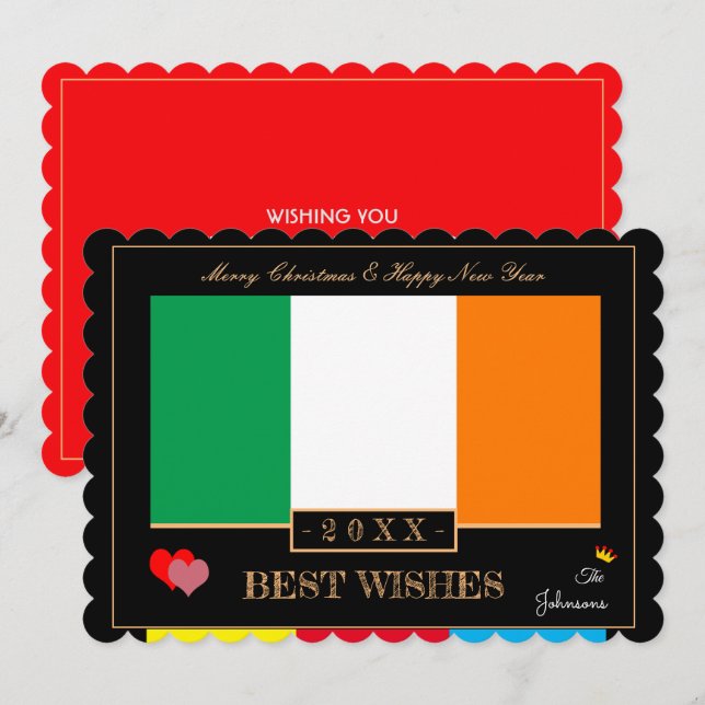 Irish Flag & Happy New Year/Best Wishes Ireland Holiday Card (Front/Back)