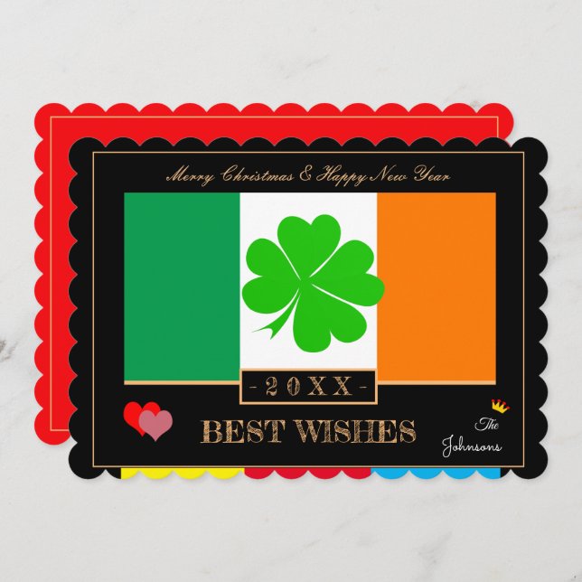 Irish Flag & Happy New Year/Best Wishes Shamrock Holiday Card (Front/Back)