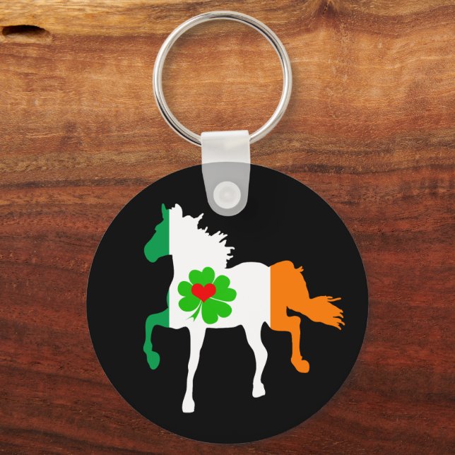 Irish Flag, Irish Horse running, shamrock /Ireland Key Ring (Front)