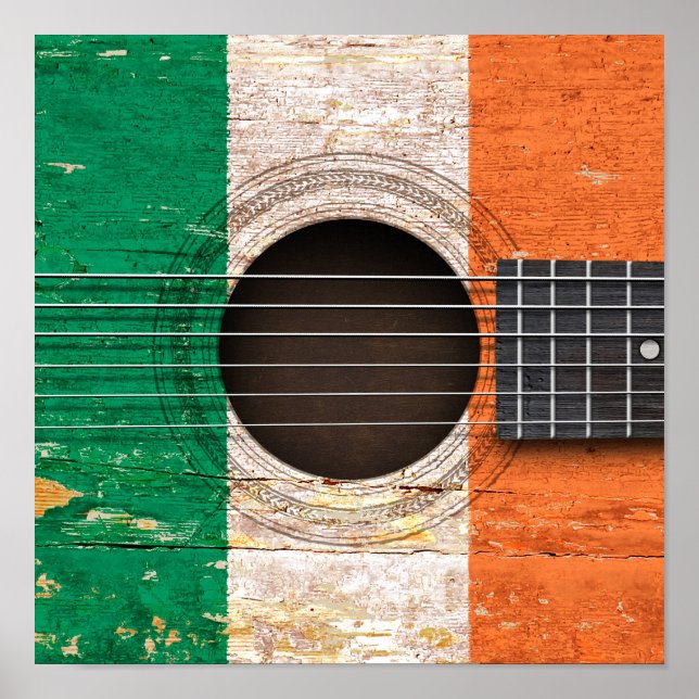 Irish Flag on Old Acoustic Guitar Poster (Front)