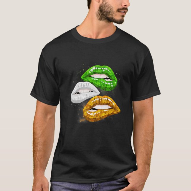 Irish Flag Shamrock Biting Lips Funny St Patrick L T-Shirt (Front)