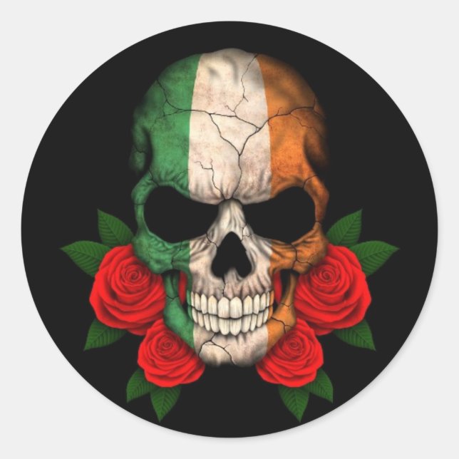 Irish Flag Skull with Red Roses Classic Round Sticker (Front)