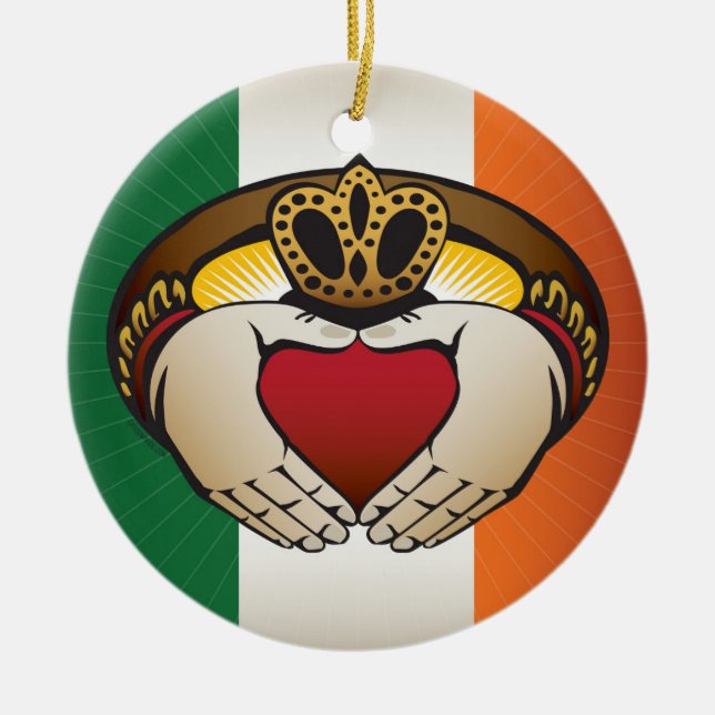 Irish Flag with Claddagh Ring Ceramic Tree Decoration (Front)