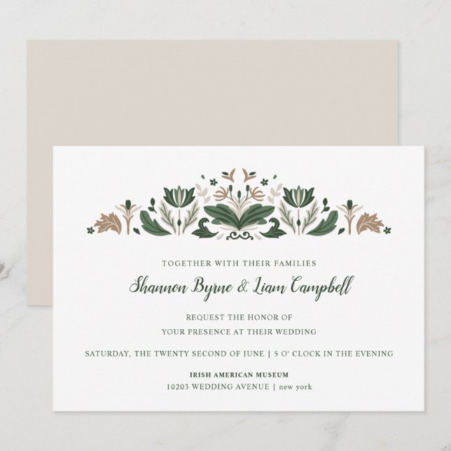 Irish Folk Art | Modern Floral Celtic Wedding Invitation (Front/Back)