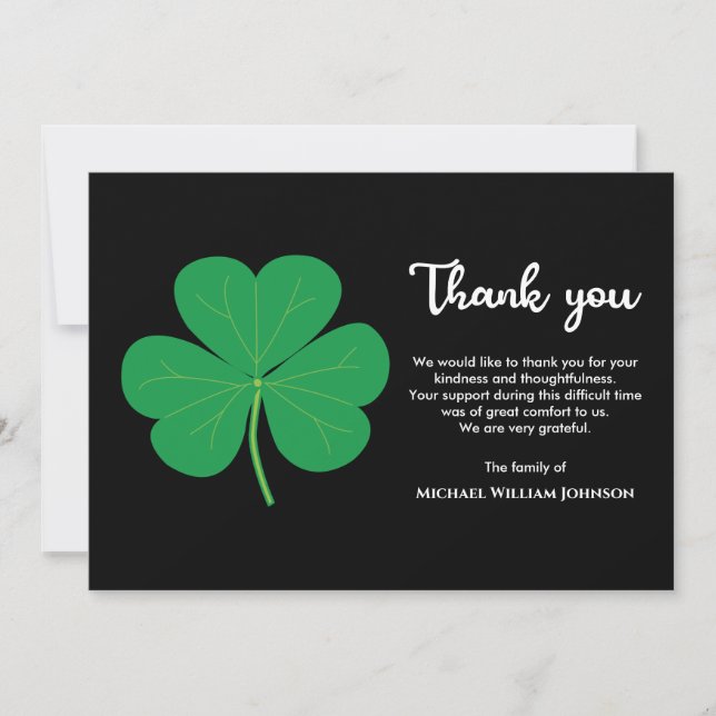 Irish Funeral Black White Green Shamrock Clover Thank You Card (Front)