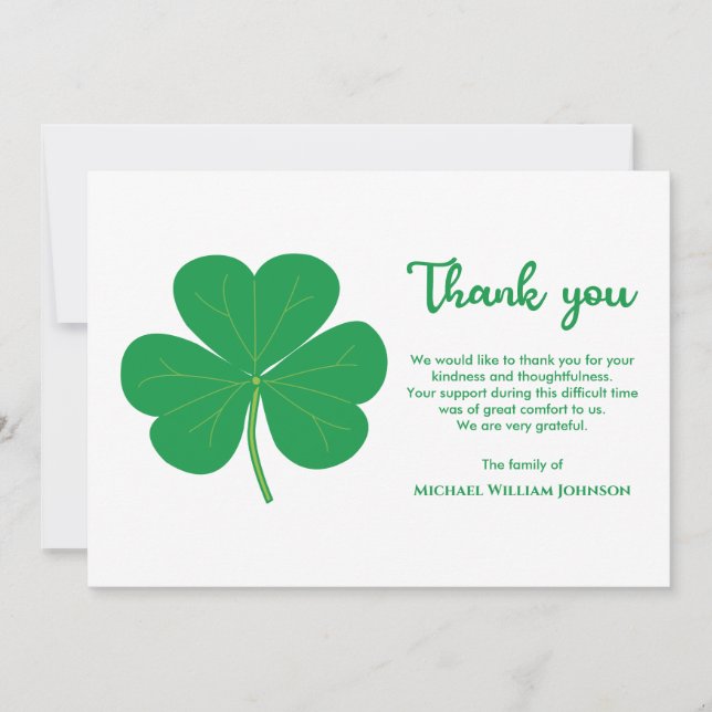 Irish Funeral White And Green Shamrock Clover Thank You Card (Front)