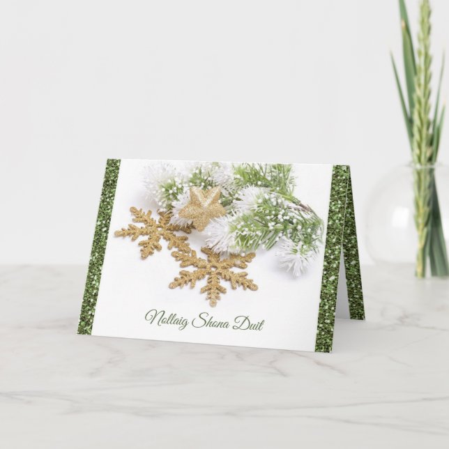 Irish Gaelic Christmas, gold snowflakes, spruce Holiday Card (Front)