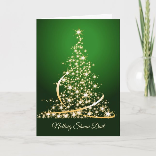 Irish Gaelic Christmas,  green gold sparkling tree Holiday Card (Front)