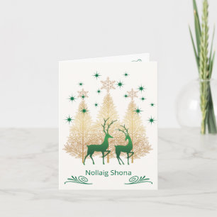 Irish Gaelic Christmas green & gold tree, reindeer Card