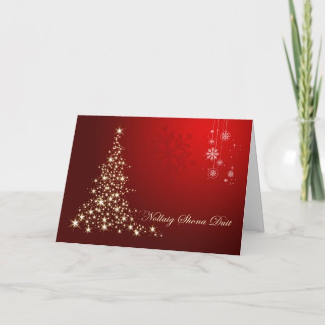 Irish Gaelic Christmas,  red & gold sparkling tree Holiday Card (Front)