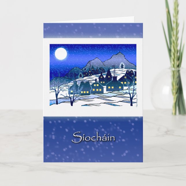 Irish Gaelic Christmas, Síocháin, Snowy Village Holiday Card (Front)