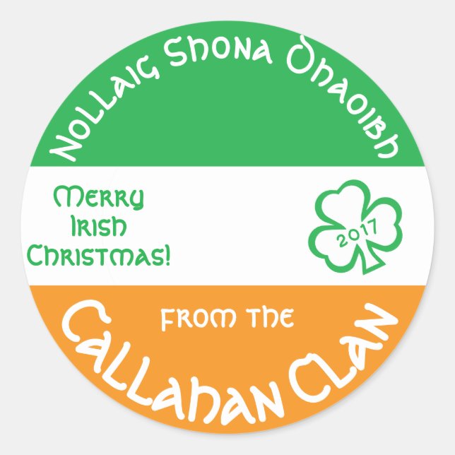 Irish Gaelic Merry Christmas Personalized Classic Round Sticker (Front)
