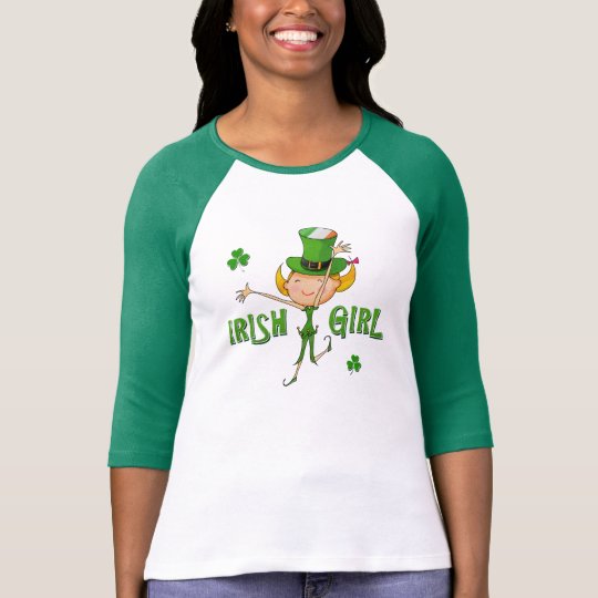 Irish Girl Leprechaun Hat Flag & Shamrock Clovers T-Shirt