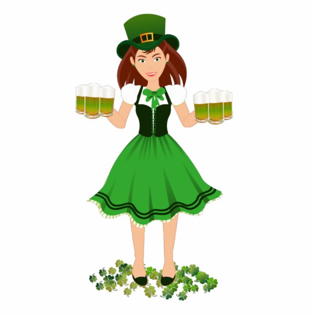 Irish girl with folk outfit serving green beer photo sculpture decoration (Front)
