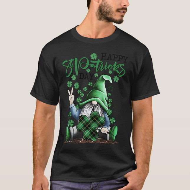 Irish Gnome Lucky Plaid Shamrock Leprechaun St Pat T-Shirt (Front)