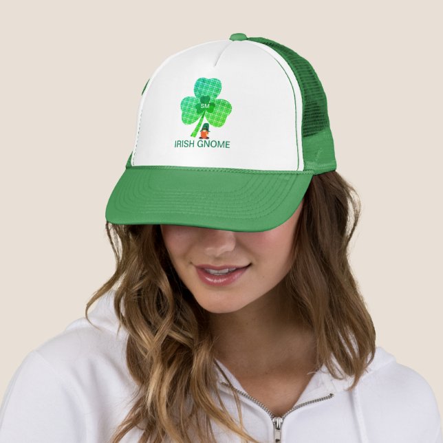 Irish Gnome Monogram Shamrock St Patricks Trucker Hat (In Situ)