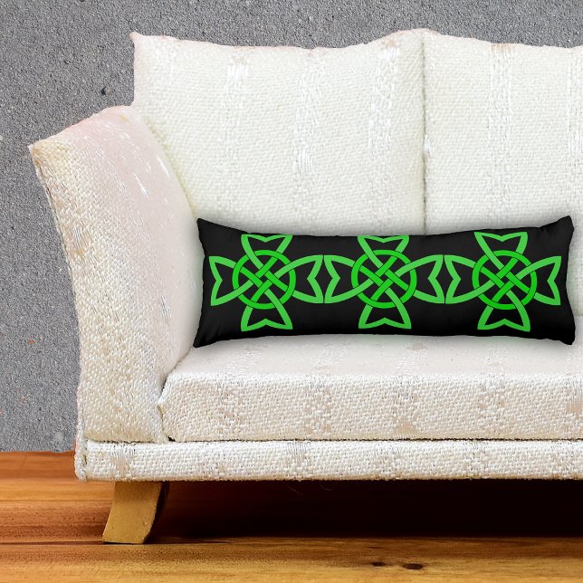 Irish Green Celtic Knot Body Cushion (Bright green Irish Celtic knots on black decorative pillow.)