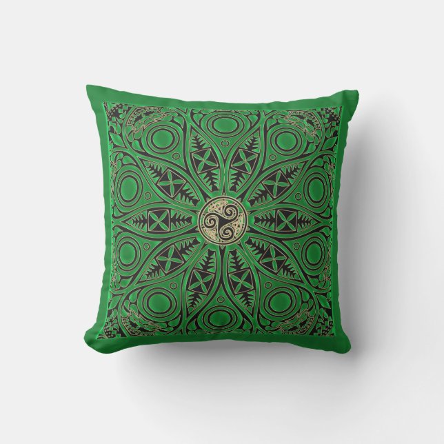 Irish Green Celtic Mandala Triskele Outdoor Pillow (Front)