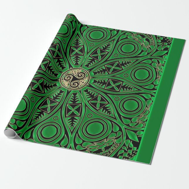 irish Green Celtic Triskele Mandala Wrapping Paper (Unrolled)
