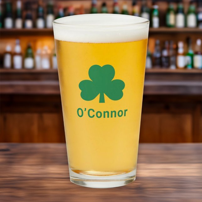 Irish Green Clover Personalised Last Name Beer Glass (Creator Uploaded)