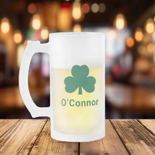 Irish Green Clover Personalised Last Name Frosted Glass Beer Mug