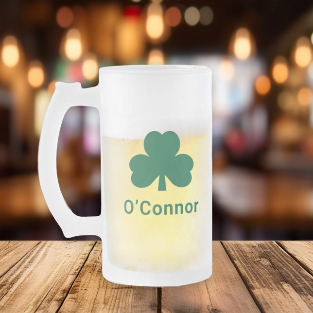 Irish Green Clover Personalised Last Name Frosted Glass Beer Mug (Creator Uploaded)