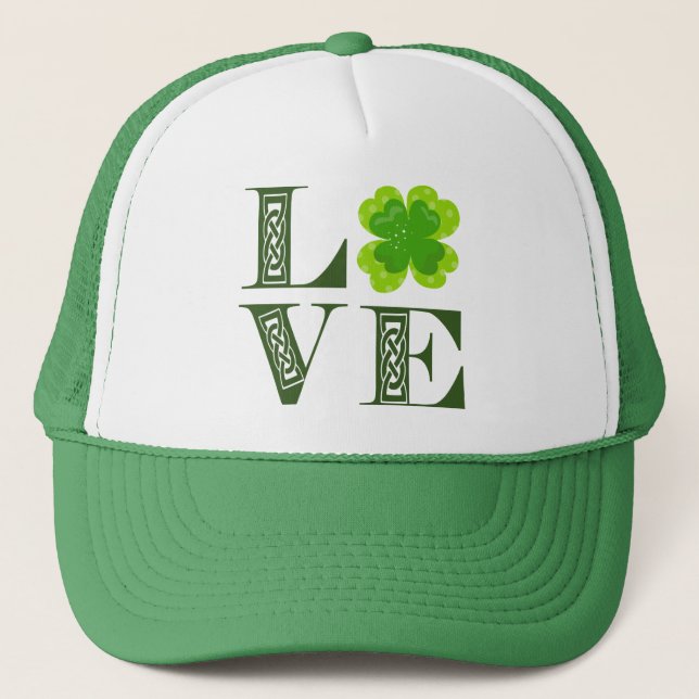 Irish Green Clover Shamrock Celtic Knot LOVE T-Shi Trucker Hat (Front)