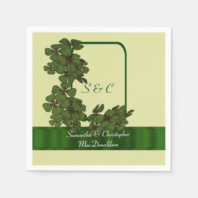 Irish green, cream and shamrock wedding napkin (Front)