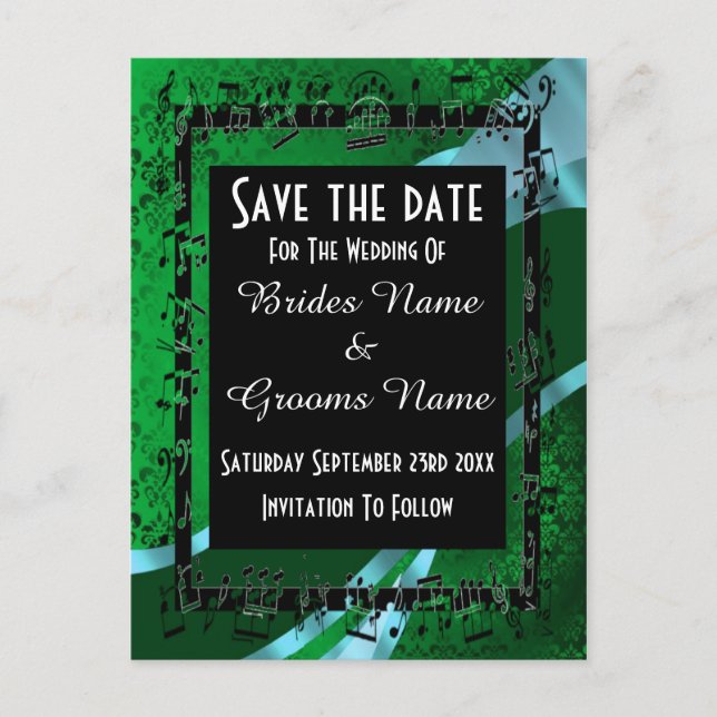 Irish green damask and black save the date announcement postcard (Front)