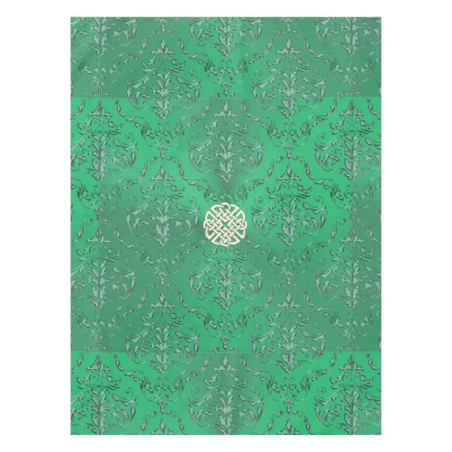 Irish Green Damask With White Gold  Celtic Knot Tablecloth (Front)