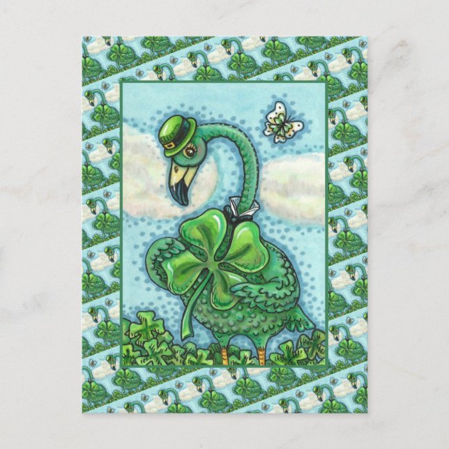 IRISH GREEN FLAMINGO, CUTE HAPPY ST. PATRICK'S DAY HOLIDAY POSTCARD (Front)