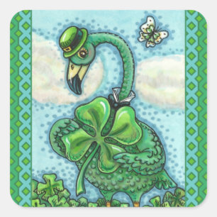 IRISH GREEN FLAMINGO, CUTE HAPPY ST. PATRICK'S DAY SQUARE STICKER