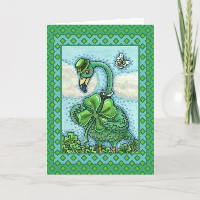 IRISH GREEN FLAMINGO, HAPPY ST. PATRICK'S DAY CUTE HOLIDAY CARD (Front)