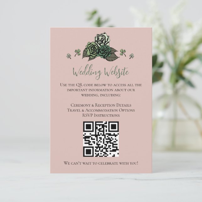 Irish Green Floral Skulls Wedding Website QR Code Enclosure Card (Standing Front)